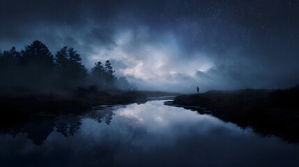 Fototapeta premium A solitary figure silhouetted by a misty reflective river under a vast starry night sky evoking a sense of tranquil wonder