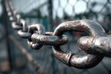 Close-up of rusty metal chain link fence in outdoor urban setting