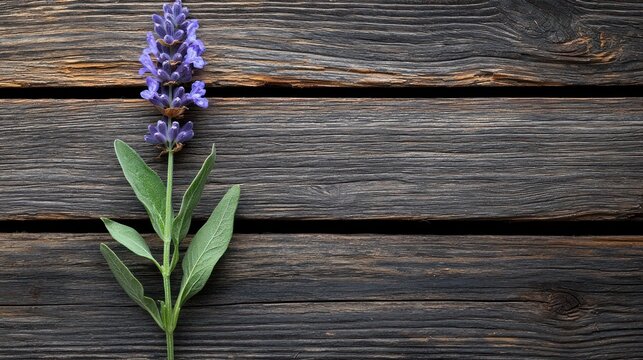 A close-up of a lavender sprig against a textured, dark brown wooden surface
