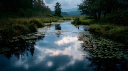 A tranquil river flows through a lush green landscape under a cloudy twilight sky reflecting the trees and clouds
