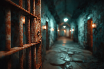 Fototapeta premium Rusty jail cell door in dimly lit corridor of abandoned prison