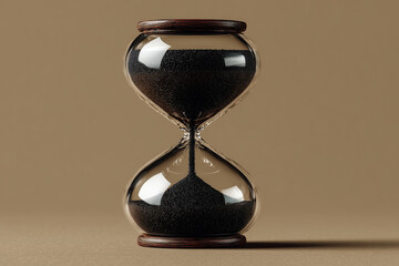 Elegant glass hourglass with flowing black sand on a neutral background