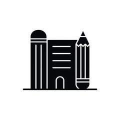 Black Building Icon with Pencil, Three Horizontal Lines on White Transparent Background
