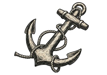 Detailed Vintage Anchor Illustration with Rope, Perfect for Maritime and Nautical Themed Designs