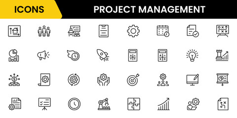 Project management icons for web and mobile apps. Business, organisation management, planning, project, startup, marketing, teamwork. Vector illustration