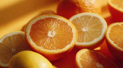 Fototapeta premium Macro Shot of Freshly Sliced Oranges and Lemons on a Bright Yellow Background for Seasonal Food Themes
