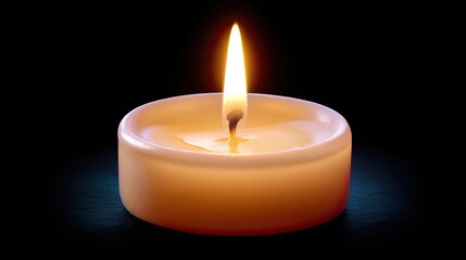 Beautiful glowing candle flame illuminating dark background with elegant wax holder, creating peaceful and serene ambiance for relaxation and meditation