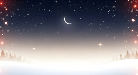 Naklejka premium Magical Winter Night Scene with Crescent Moon Snowflakes and Sparkling Lights Ideal for Holidays