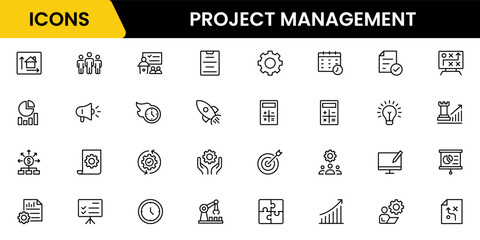 Project management icons for web and mobile apps. Business, organisation management, planning, project, startup, marketing, teamwork. Vector illustration