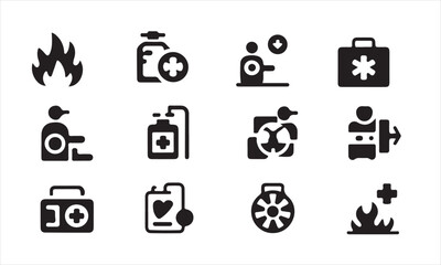 Set of medical and healthcare icons including first aid, fire, blood bag, and medical equipment