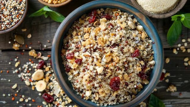 Colorful bowl of mixed quinoa filled with nuts and dried fruits on a wooden surface