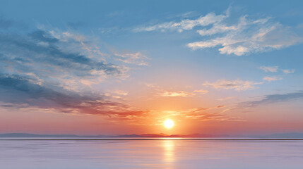 Fototapeta premium Gentle Horizon View with Soft Light and Cloud Forms Arcing Across the Sky at Sunset Over Calm Waters
