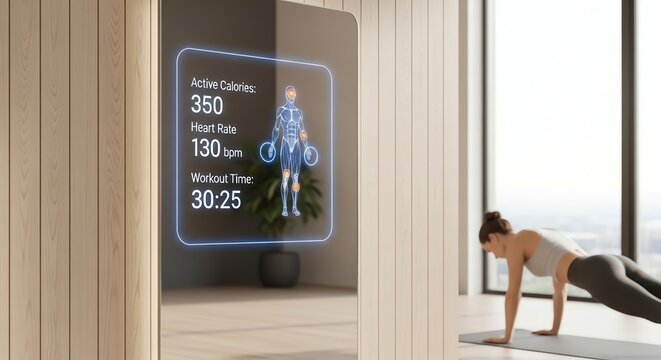Woman exercising with smart mirror displaying workout data