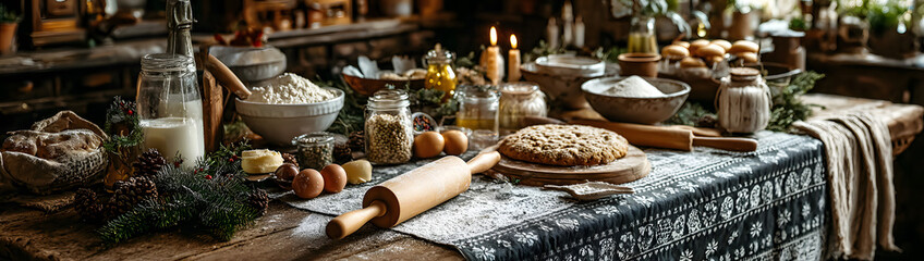 Fototapeta premium Christmas background. Table for holiday baking cookies with ingredients