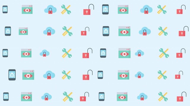 Pattern of diverse colored smartphone and camera icons on light blue background, digital graphic illustration, flat design, top-down view