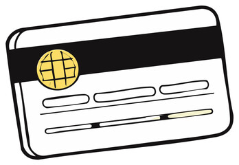 Hand drawn vector illustration of a credit card with a globe symbol for payments and online shopping