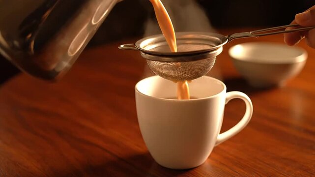 Pouring aromatic masala chai through a strainer into a white ceramic mug on wooden table