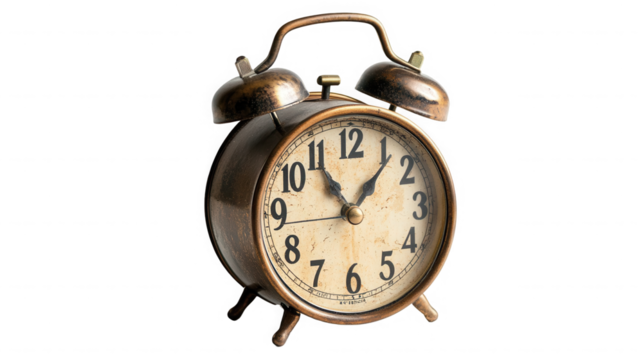 Old alarm clock showing ten past ten isolated on transparent background