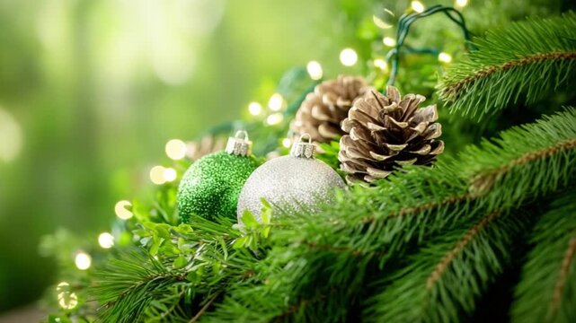 Festive Adornments: A close-up view of Christmas ornaments and pinecones nestled among lush green pine needles, twinkling with soft lights and hinting at the joy of the holiday season.