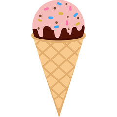 A Refreshing Strawberry Ice Cream Cone With Chocolate Drizzle And Colorful Sprinkles On A Transparent Background