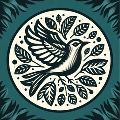 Stylized Bird with Spread Wings and Foliage in Circular Design.