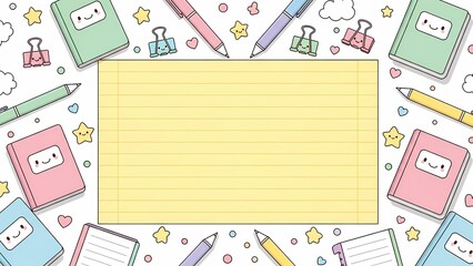Pastel stationery background with cute smiling faces and lined paper creates a cheerful school atmosphere perfect for back to school designs