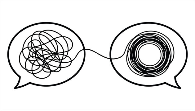 Two speech bubbles connected by a line one with tangled lines the other with coiled lines communication