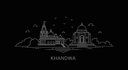Obraz premium Khandwa India Skyline Line Art on Black Background