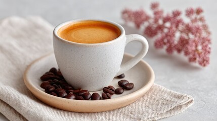 Obraz premium A Styled Flat Lay Of Roasted Coffee Beans With A Cup Of Fresh Espresso And Delicate Pink Flowers On A Textured Gray Surface With A White Napkin And Ceramic Saucer