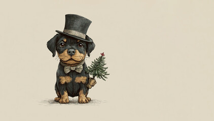 Small Rottweiler puppy with Christmas tree in backpack. Cartoon character in an elegant black top hat on light beige background. Children's illustration in vintage style. Series of New Year's cards