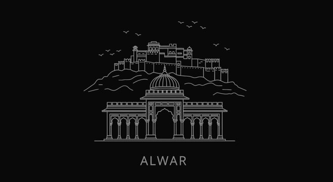 Alwar Fort Skyline Line Art India Landmark