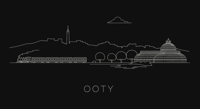 Ooty Skyline with Train and Botanical Gardens Line Art