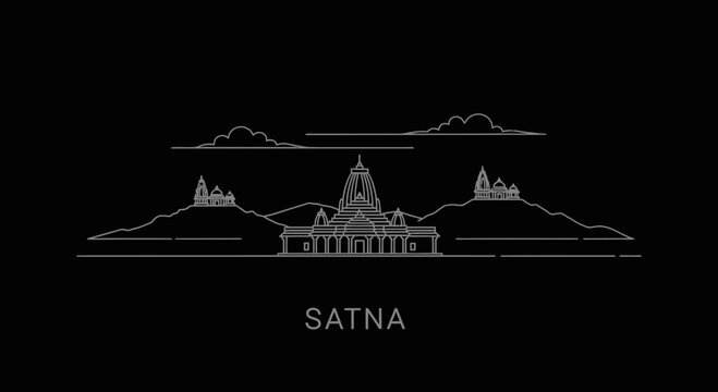 Satna City Skyline Outline with Temples on Hills