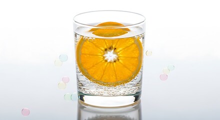 A clear glass filled with sparkling water and a vibrant orange slice submerged inside, creating a refreshing visual.