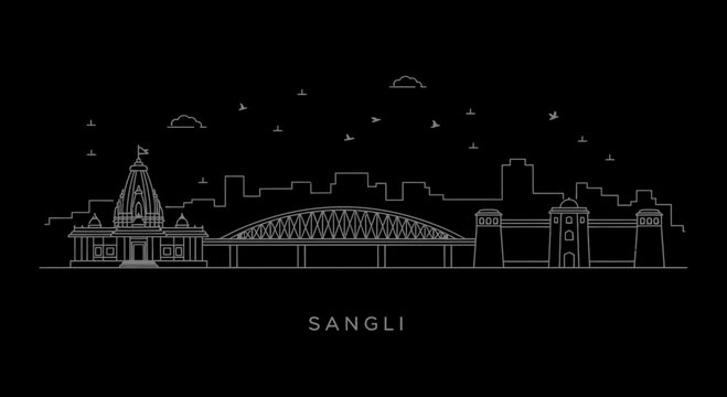 Sangli India Skyline Line Art on Black Background