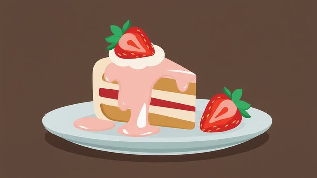 A delicious slice of strawberry shortcake with creamy pink frosting and fresh berries, a sweet dessert vector illustration