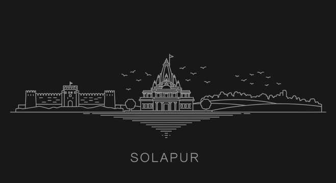 Solapur Skyline Linear Illustration with Fort and Temple