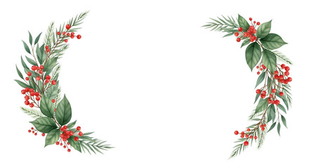 Fototapeta premium Watercolor christmas wreath with red berries and green pine branches, isolated on transparent background