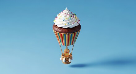 A whimsical cupcake hot air balloon with a gingerbread man passenger floating against a blue backdrop.
