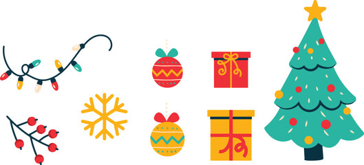 Christmas Colorful Assets Template Vector – Festive Holiday Elements, Decorative Icons, and Bright Seasonal Illustration Set Artwork