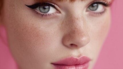 Fototapeta premium A close-up of a woman's face with red hair, blue eyes, and freckles, wearing a pink lipstick and a pink top, against a pink background.