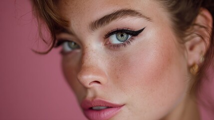 Fototapeta premium Close-up of a woman's face with freckles, wearing a pink top and earrings, set against a pink background.
