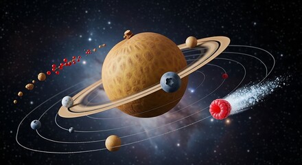 A creative and whimsical depiction of the solar system using various fruits and berries.