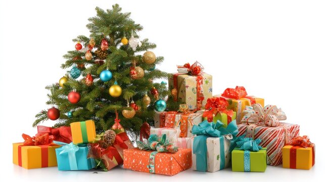 A beautifully decorated Christmas tree with colorful ornaments and presents under it, surrounded by a pile of wrapped gifts with ribbons and bows, all against a white background.