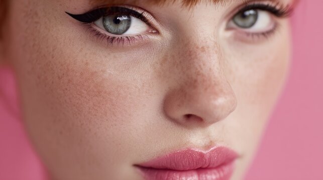 A close-up of a woman's face with red hair, blue eyes, and freckles, wearing a pink lipstick and a pink top, against a pink background.