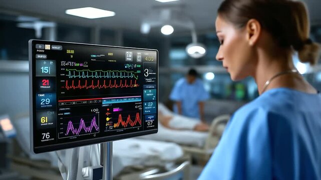 Overhead angle showing faceless nurse beside detailed monitoring screen with vital statistics in hospital ward, with copy space