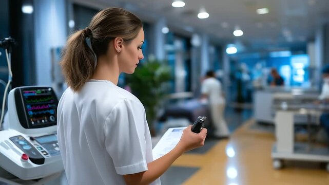 Back turned nurse checking charts with sharp medical monitoring devices and defocused calm hospital environment, with copy space