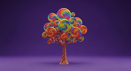 A whimsical tree constructed entirely of colorful, swirled lollipops, set against a deep purple backdrop.