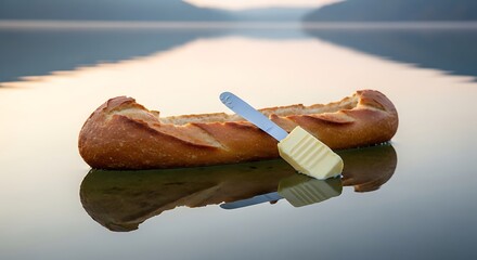 A loaf of bread shaped like a boat floats on calm water, with a butter knife.