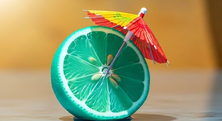 A vibrant green lime slice decorated with a colorful cocktail umbrella, ready to enjoy.